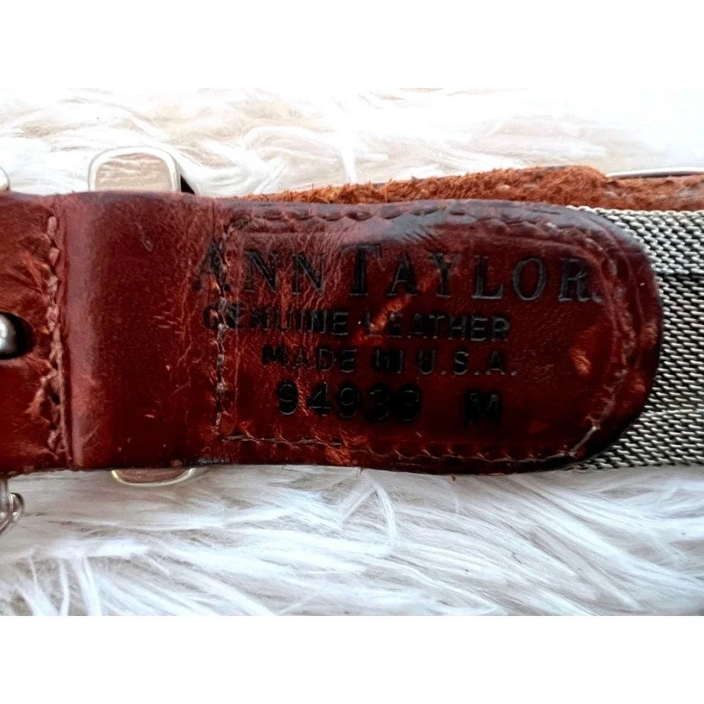 Ann Taylor Leather Mesh Belt M Brown Silver Retro Vintage 90s USA Metallic Y2K